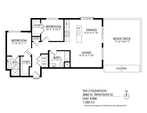Floor plan for 2 beds, 2 baths, 1075 sqft